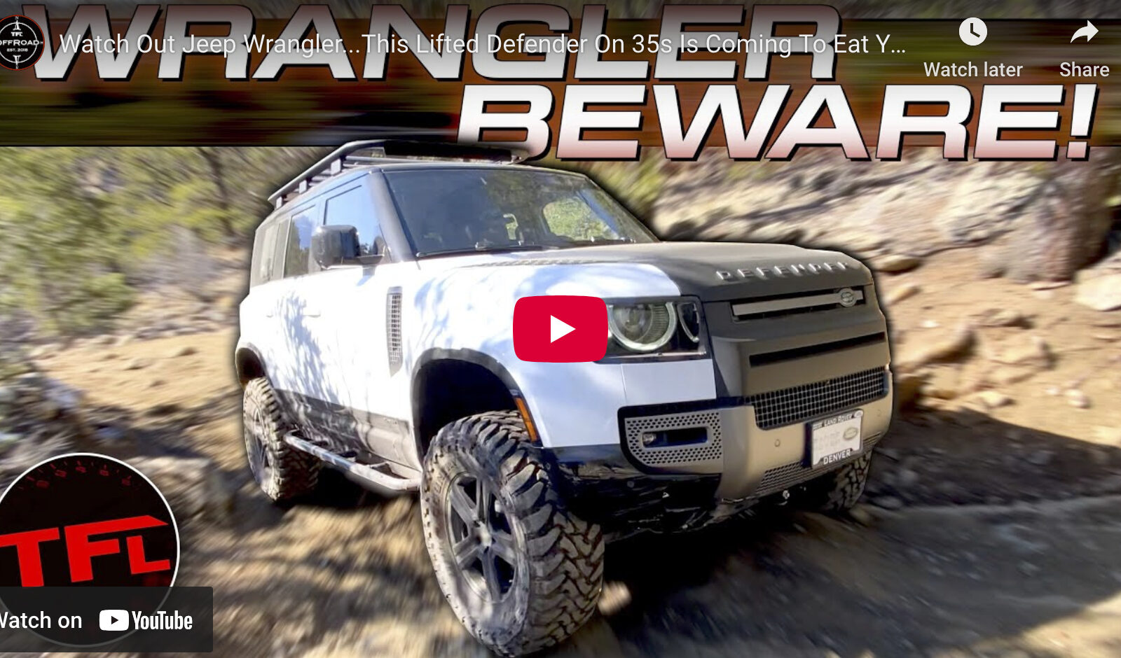 video cover image of a Land Rover Defender 110 going up a dirt trail